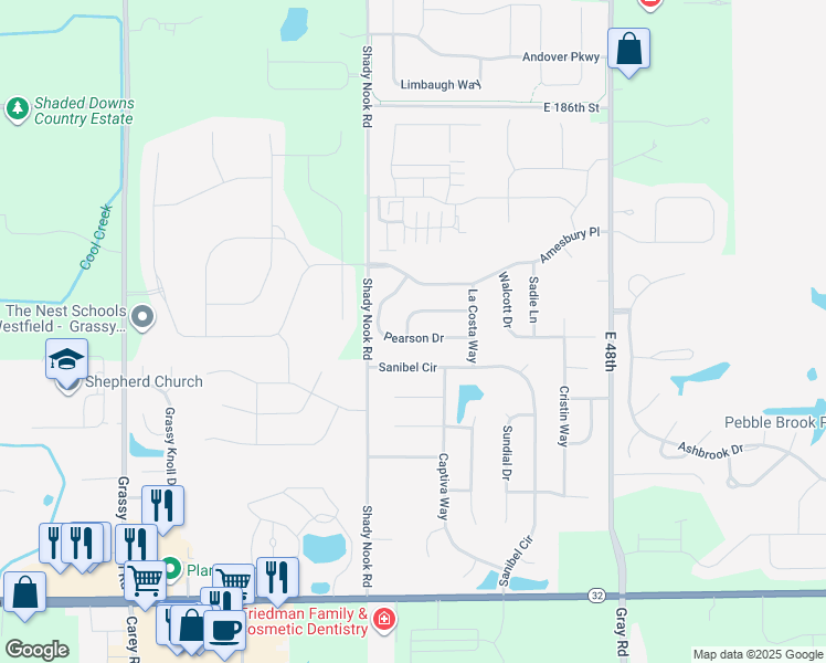 map of restaurants, bars, coffee shops, grocery stores, and more near 4207 Zachary Lane in Westfield