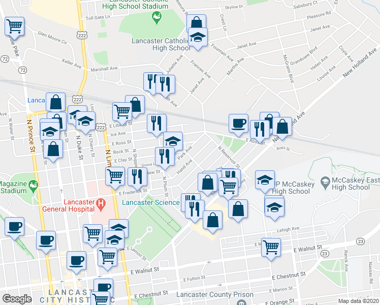 map of restaurants, bars, coffee shops, grocery stores, and more near 755 North Franklin Street in Lancaster