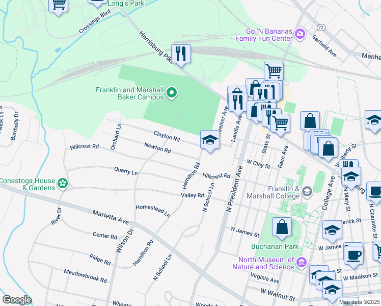 map of restaurants, bars, coffee shops, grocery stores, and more near 1311 Newton Road in Lancaster