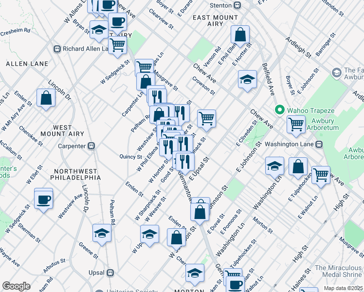 map of restaurants, bars, coffee shops, grocery stores, and more near 79 Montana Street in Philadelphia