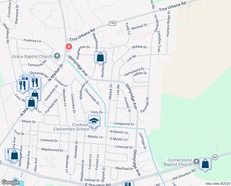 map of restaurants, bars, coffee shops, grocery stores, and more near 1173 Lee Road in Troy