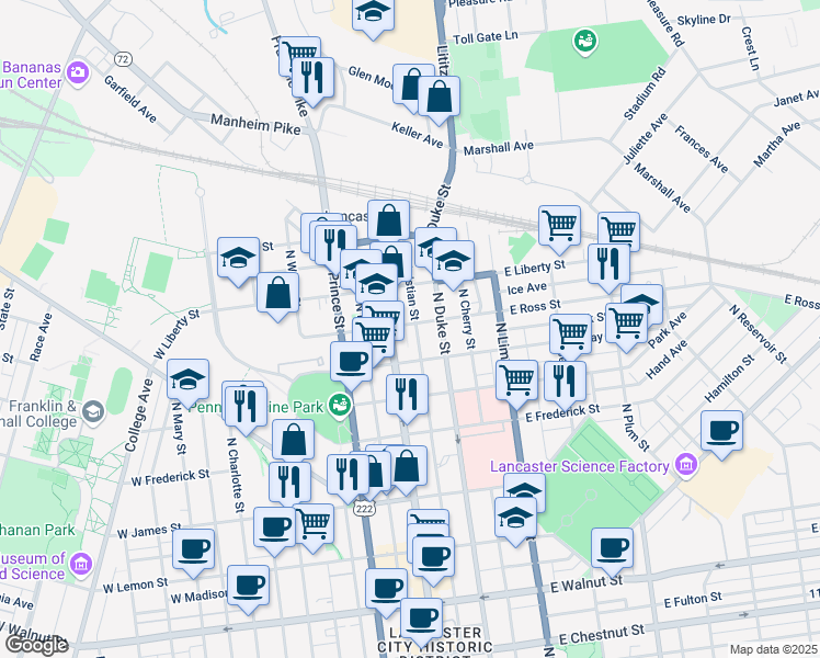 map of restaurants, bars, coffee shops, grocery stores, and more near 22 East Ross Street in Lancaster