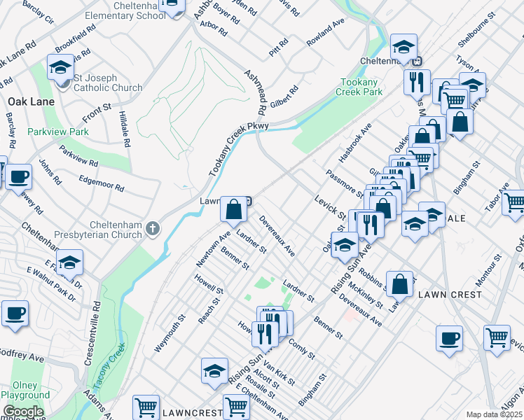 map of restaurants, bars, coffee shops, grocery stores, and more near 201 Devereaux Avenue in Philadelphia