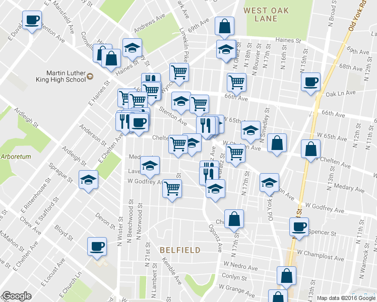 map of restaurants, bars, coffee shops, grocery stores, and more near 6328 North Opal Street in Philadelphia