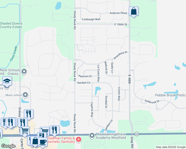 map of restaurants, bars, coffee shops, grocery stores, and more near 4249 Zachary Lane in Westfield
