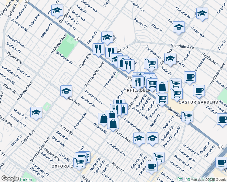 map of restaurants, bars, coffee shops, grocery stores, and more near 1329 Saint Vincent Street in Philadelphia