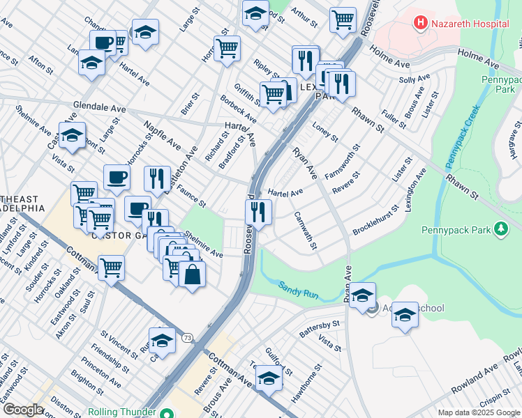map of restaurants, bars, coffee shops, grocery stores, and more near 7645 East Roosevelt Boulevard in Philadelphia