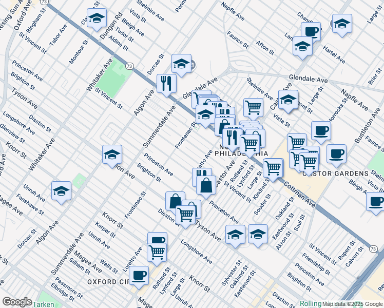 map of restaurants, bars, coffee shops, grocery stores, and more near 1329 Saint Vincent Street in Philadelphia