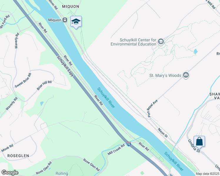 map of restaurants, bars, coffee shops, grocery stores, and more near 16 1/2 River Road in Philadelphia