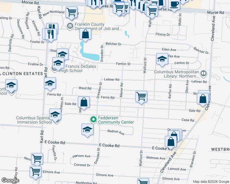 map of restaurants, bars, coffee shops, grocery stores, and more near 1876 Ward Road in Columbus