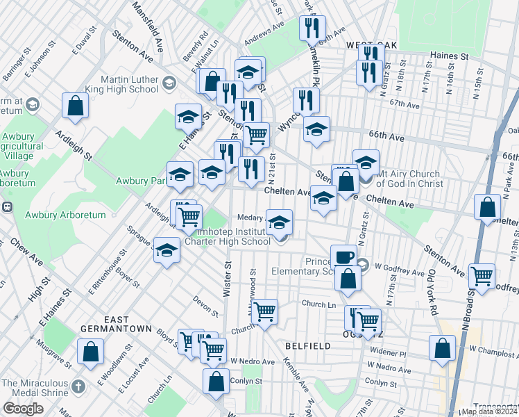 map of restaurants, bars, coffee shops, grocery stores, and more near 6313 North Norwood Street in Philadelphia