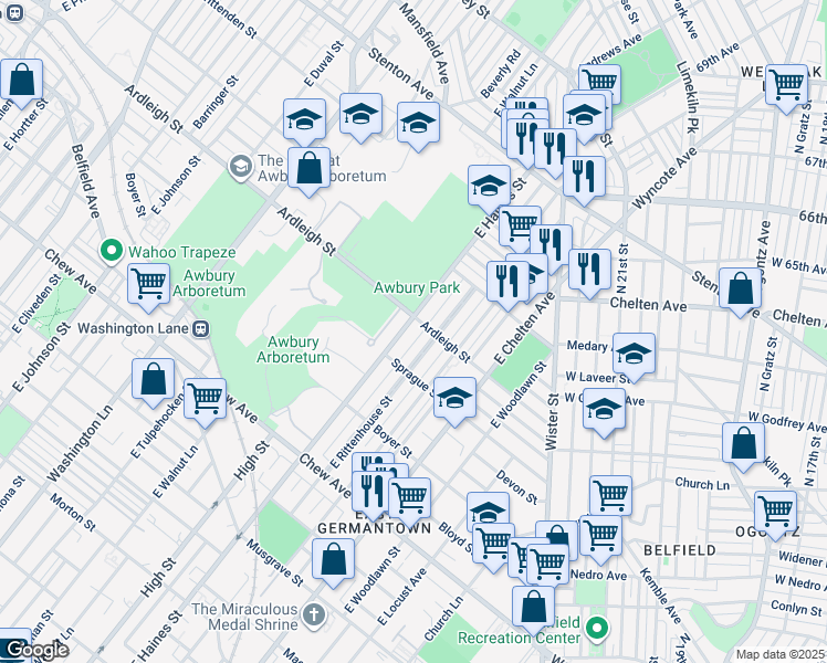 map of restaurants, bars, coffee shops, grocery stores, and more near 1024 East Haines Street in Philadelphia