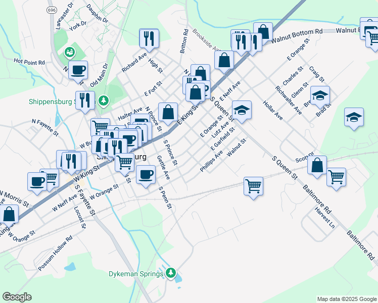 map of restaurants, bars, coffee shops, grocery stores, and more near 222 East Orange Street in Shippensburg