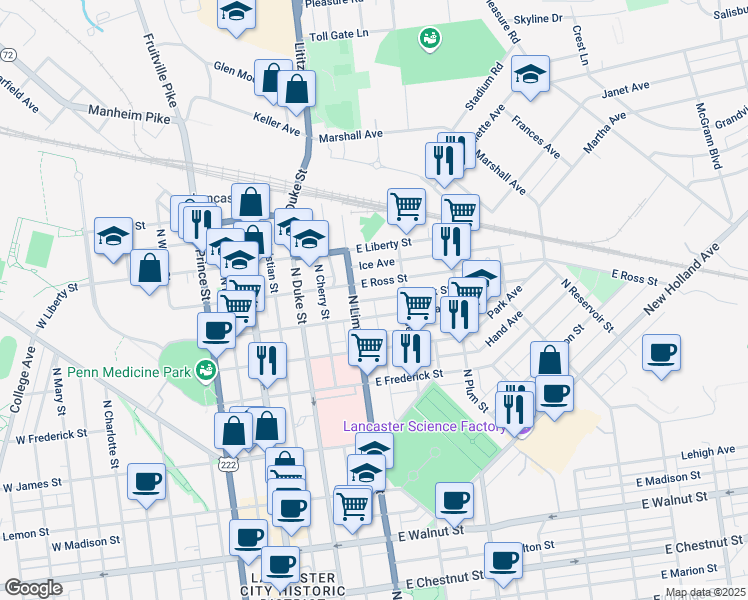 map of restaurants, bars, coffee shops, grocery stores, and more near 239 Rock Street in Lancaster