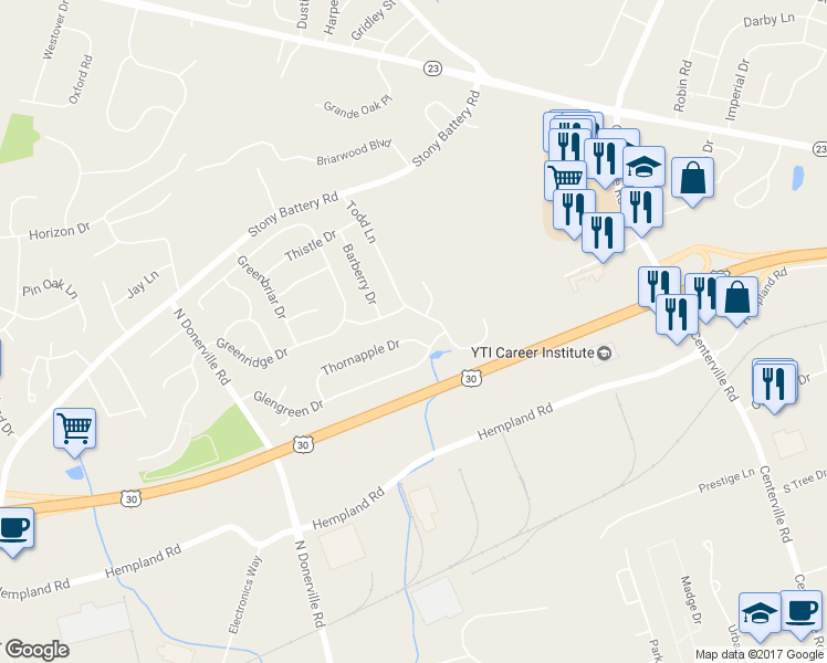 map of restaurants, bars, coffee shops, grocery stores, and more near 3161 Thornapple Drive in Lancaster