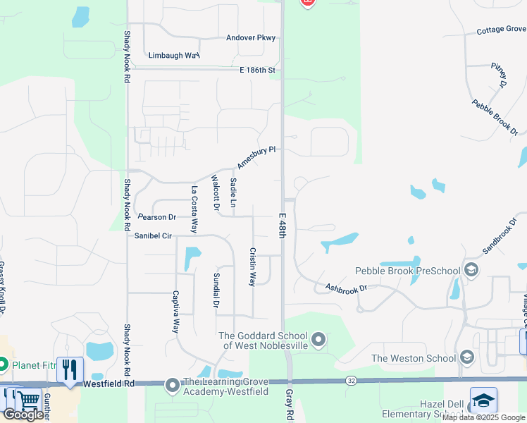 map of restaurants, bars, coffee shops, grocery stores, and more near 4730 Muscatine Circle in Westfield