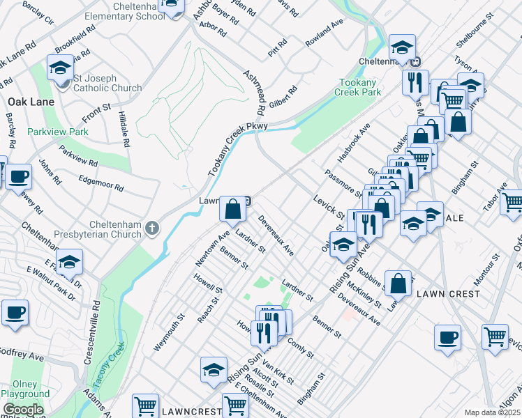 map of restaurants, bars, coffee shops, grocery stores, and more near 201 Devereaux Avenue in Philadelphia