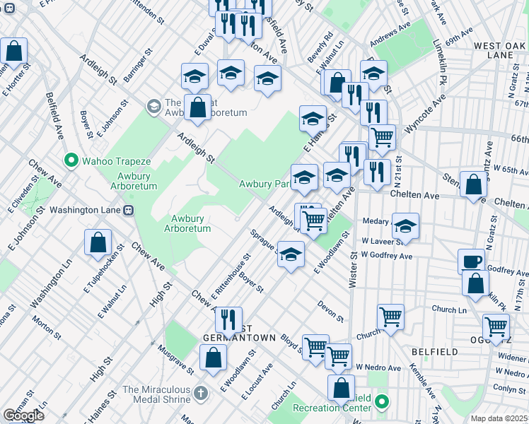 map of restaurants, bars, coffee shops, grocery stores, and more near 1024 East Haines Street in Philadelphia