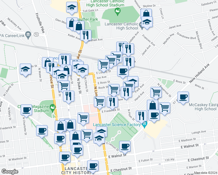map of restaurants, bars, coffee shops, grocery stores, and more near 814 North Shippen Street in Lancaster