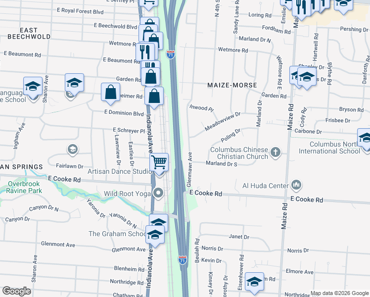 map of restaurants, bars, coffee shops, grocery stores, and more near 4242 Glenmawr Avenue in Columbus