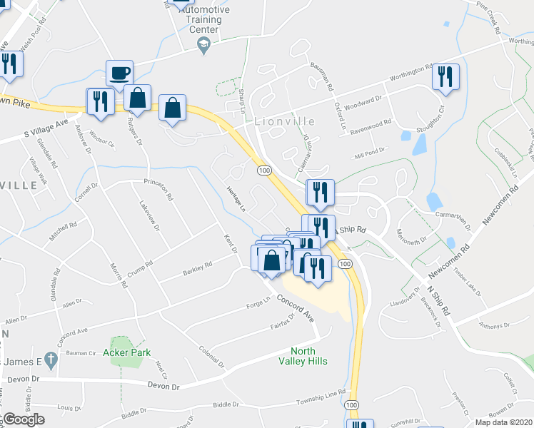 map of restaurants, bars, coffee shops, grocery stores, and more near 34 Carriage Lane in Exton