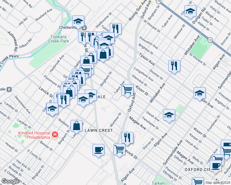 map of restaurants, bars, coffee shops, grocery stores, and more near 645 Unruh Avenue in Philadelphia