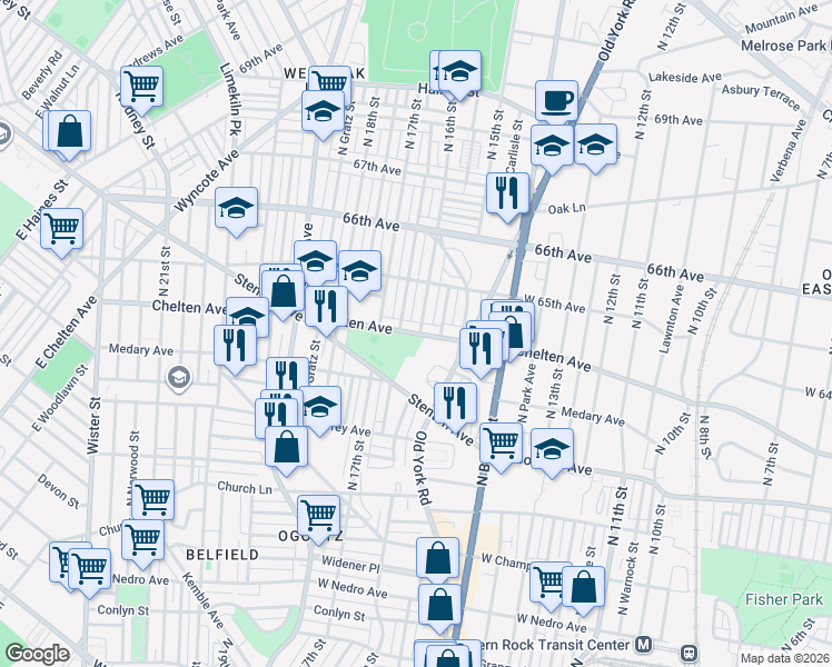 map of restaurants, bars, coffee shops, grocery stores, and more near 6418 North 16th Street in Philadelphia