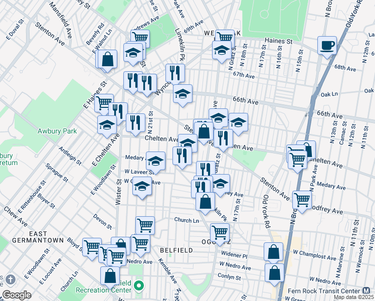 map of restaurants, bars, coffee shops, grocery stores, and more near 1940 West Chelten Avenue in Philadelphia