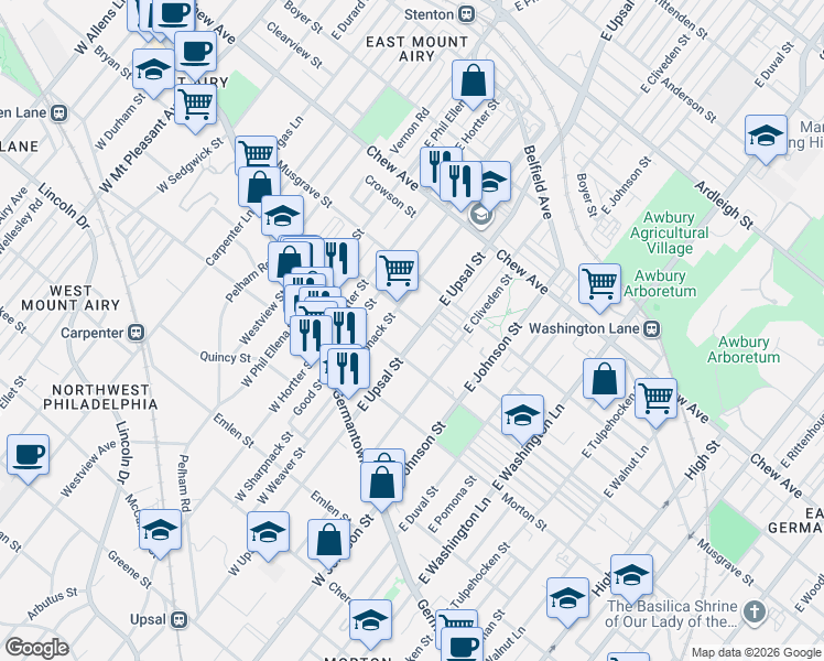 map of restaurants, bars, coffee shops, grocery stores, and more near 140 East Sharpnack Street in Philadelphia