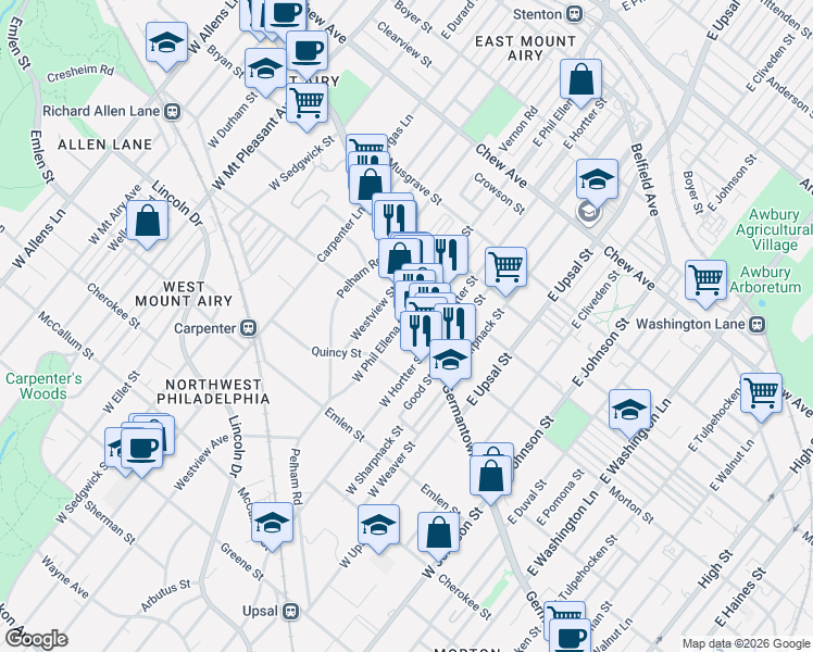 map of restaurants, bars, coffee shops, grocery stores, and more near 9 West Phil Ellena Street in Philadelphia
