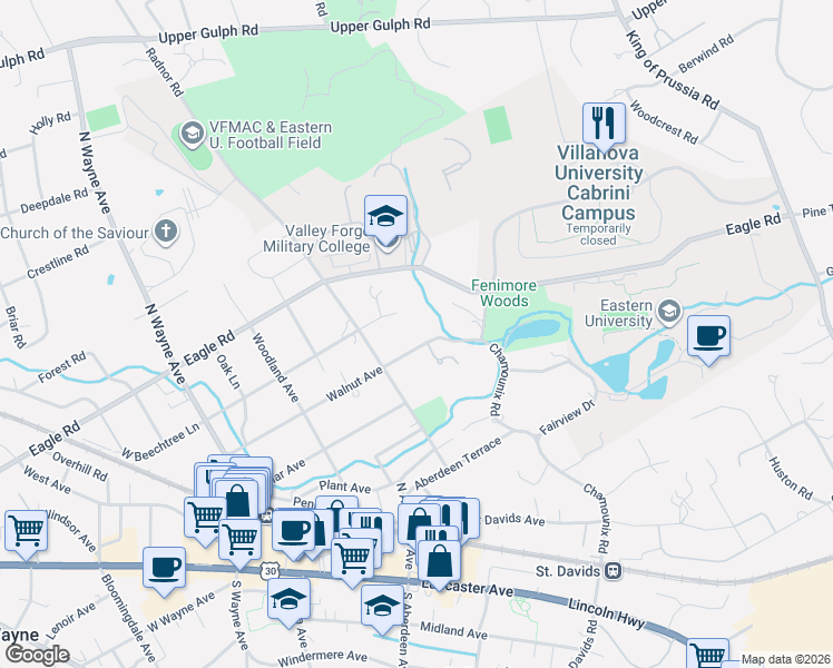 map of restaurants, bars, coffee shops, grocery stores, and more near 2-12 Lynch Rd in Radnor Township