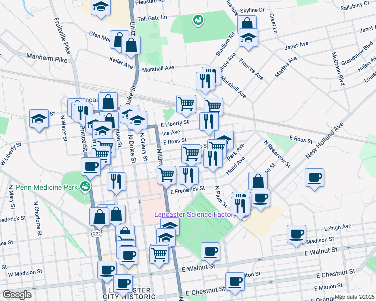 map of restaurants, bars, coffee shops, grocery stores, and more near 811 North Shippen Street in Lancaster