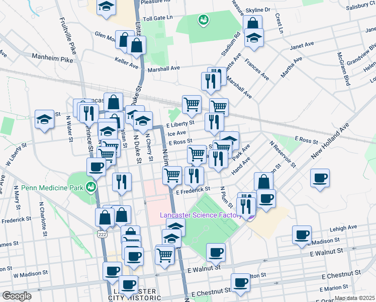 map of restaurants, bars, coffee shops, grocery stores, and more near 252 East Ross Street in Lancaster