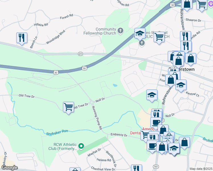 map of restaurants, bars, coffee shops, grocery stores, and more near 135 South Spring Circle in Lancaster