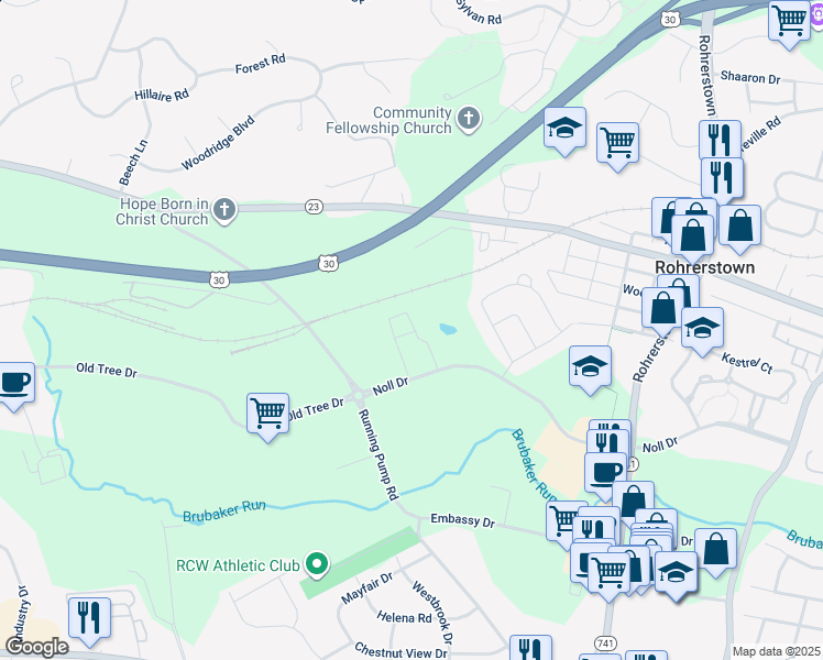 map of restaurants, bars, coffee shops, grocery stores, and more near 135 South Spring Circle in Lancaster