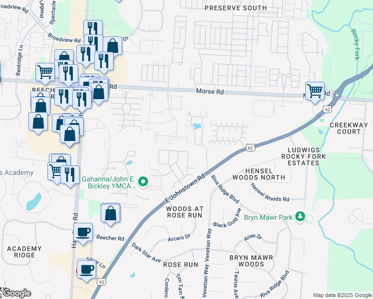 map of restaurants, bars, coffee shops, grocery stores, and more near 669 Kensington Drive in Gahanna
