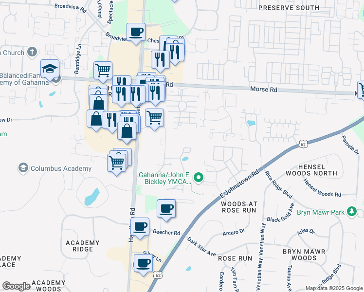map of restaurants, bars, coffee shops, grocery stores, and more near 1223 Sanctuary Place in Gahanna
