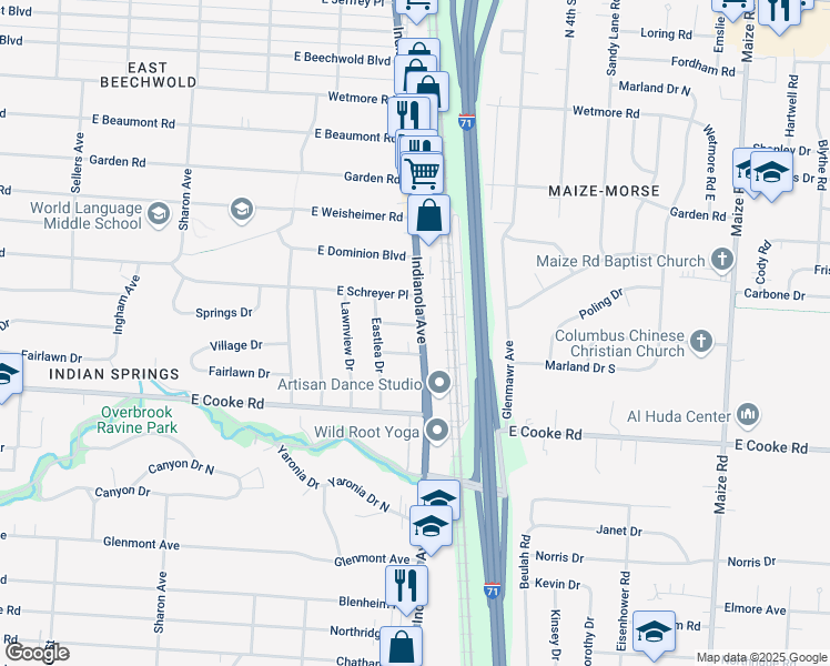 map of restaurants, bars, coffee shops, grocery stores, and more near 706 Springs Drive in Columbus