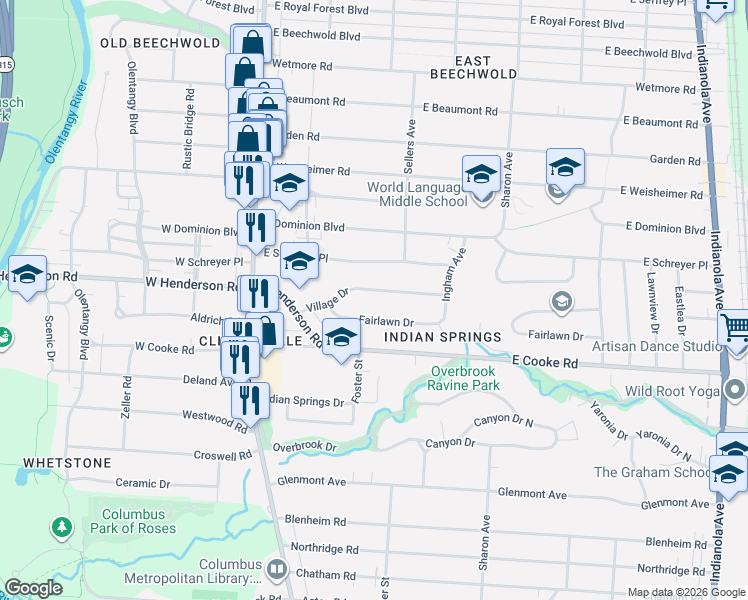 map of restaurants, bars, coffee shops, grocery stores, and more near 190 Village Drive in Columbus