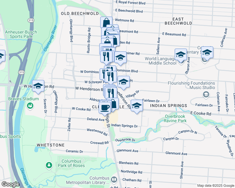 map of restaurants, bars, coffee shops, grocery stores, and more near 25A Cooke Way in Columbus