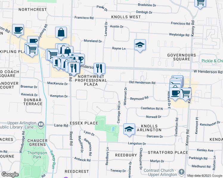 map of restaurants, bars, coffee shops, grocery stores, and more near 4600 Sandringham Drive in Upper Arlington
