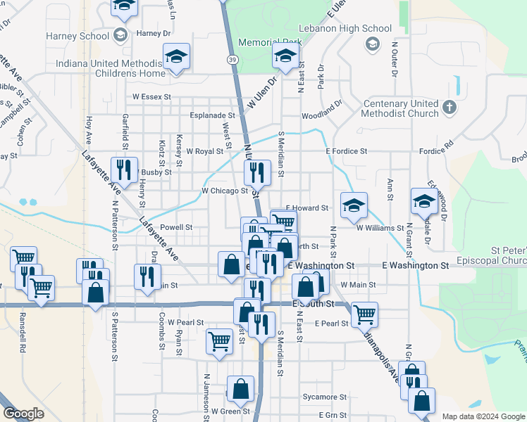 map of restaurants, bars, coffee shops, grocery stores, and more near 517 North Lebanon Street in Lebanon