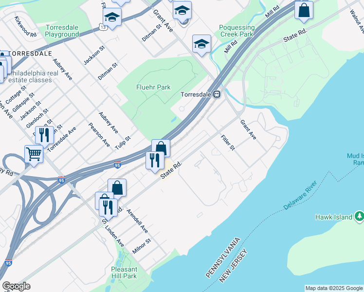 map of restaurants, bars, coffee shops, grocery stores, and more near 9528 James Street in Philadelphia