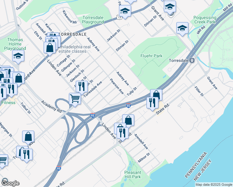 map of restaurants, bars, coffee shops, grocery stores, and more near 9340 Edmund Street in Philadelphia