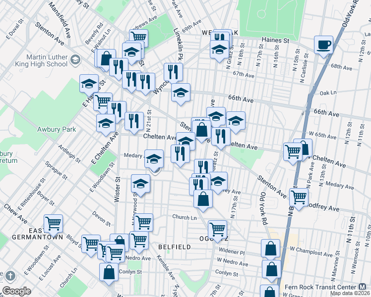 map of restaurants, bars, coffee shops, grocery stores, and more near 1940 West Chelten Avenue in Philadelphia