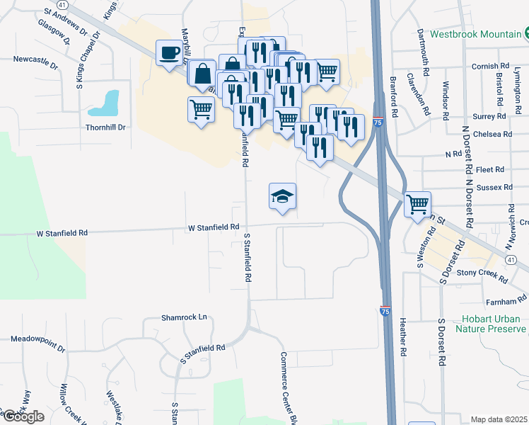map of restaurants, bars, coffee shops, grocery stores, and more near 81 South Stanfield Road in Troy