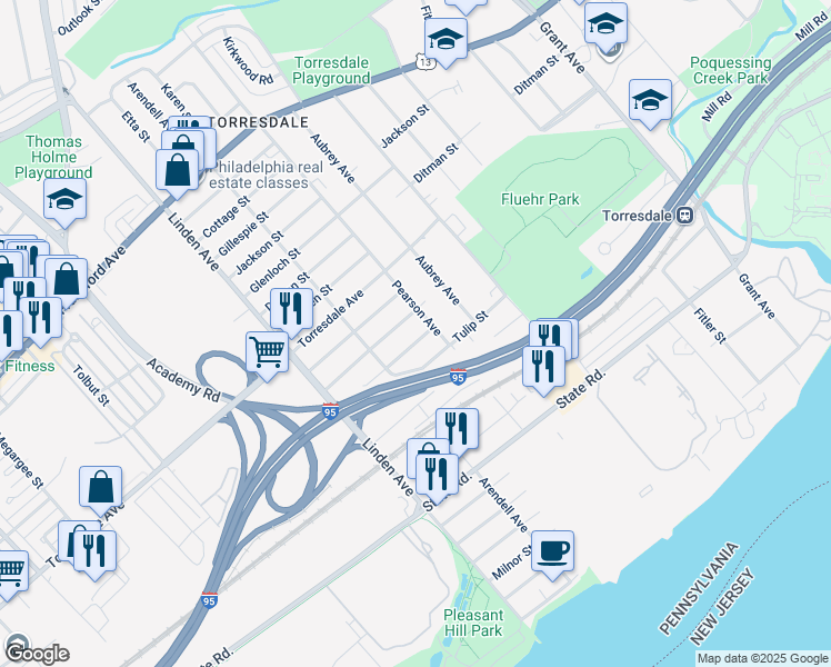 map of restaurants, bars, coffee shops, grocery stores, and more near 9340 Edmund Street in Philadelphia
