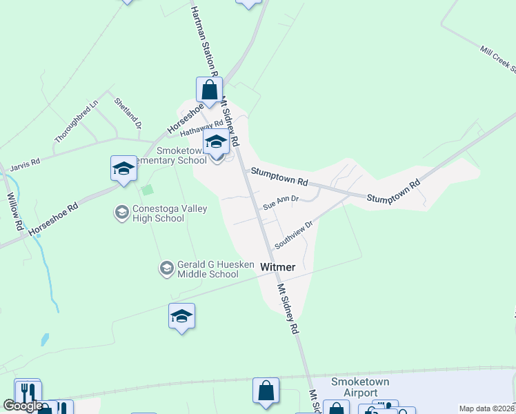 map of restaurants, bars, coffee shops, grocery stores, and more near 2307 Sue Ann Drive in Lancaster