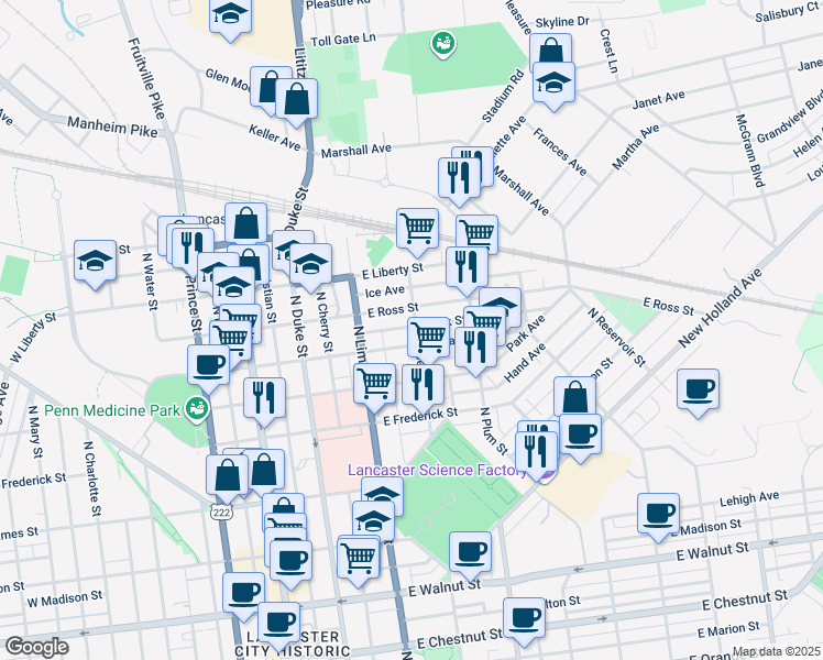 map of restaurants, bars, coffee shops, grocery stores, and more near 814 North Shippen Street in Lancaster