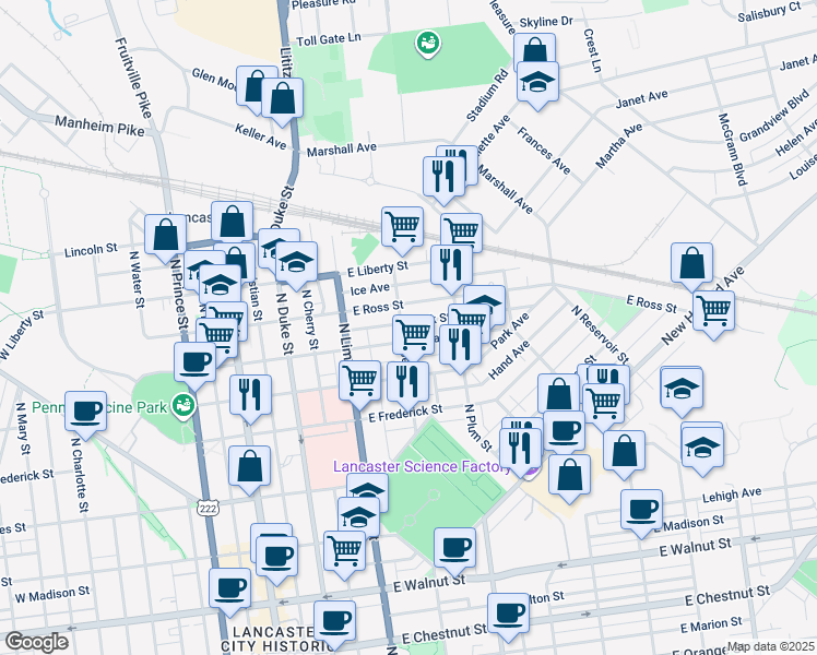 map of restaurants, bars, coffee shops, grocery stores, and more near 811 North Shippen Street in Lancaster